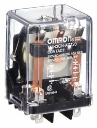 OMRON General Purpose Relay: Socket Mounted, 10 A Current Rating, 120V AC, DPDT, 8 Pins/Terminals (MPN MJN2C-N-AC120). Key specifications — Brand: OMRON; Base Type: Square; Mounting Style: Plug-In; Pin Shape: Flat; Electrical Connection: Quick-Connect; Manufacturer Part Number: MJN2C-N-AC120; Series: MJN Series.