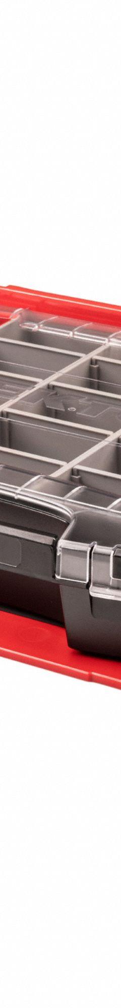 TEKTON Lidded Drawer: 17 1/2 in W 13 1/2 in D 4 in H, Plastic, Gray/Red/Yellow, Hinged Lid (MPN OLB94021). Key specifications — attr1116905: Gray; attr1116917: Hinged; attr1116946: TEKTON.