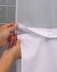 HOOKLESS Shower Curtain Liner: 57 in Curtain Wd, 70 in Hanging Lg, Polyester, White, Solid, Snap-In (MPN HBH40SL0157AM). Key specifications — Brand: HOOKLESS; Color: White; Material: Polyester; Pattern: Solid; Mounting Type: Snap-In.