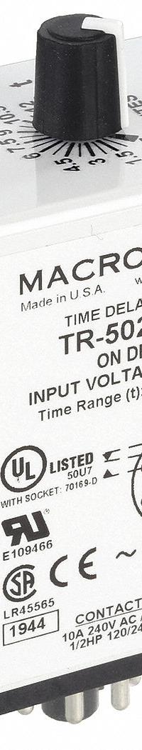 MACROMATIC Single Function Time Delay Relay: Socket Mounted, 240V AC, 10 A, 8 Pins/Terminals (MPN TR-50221-14). Key specifications — Brand: MACROMATIC.