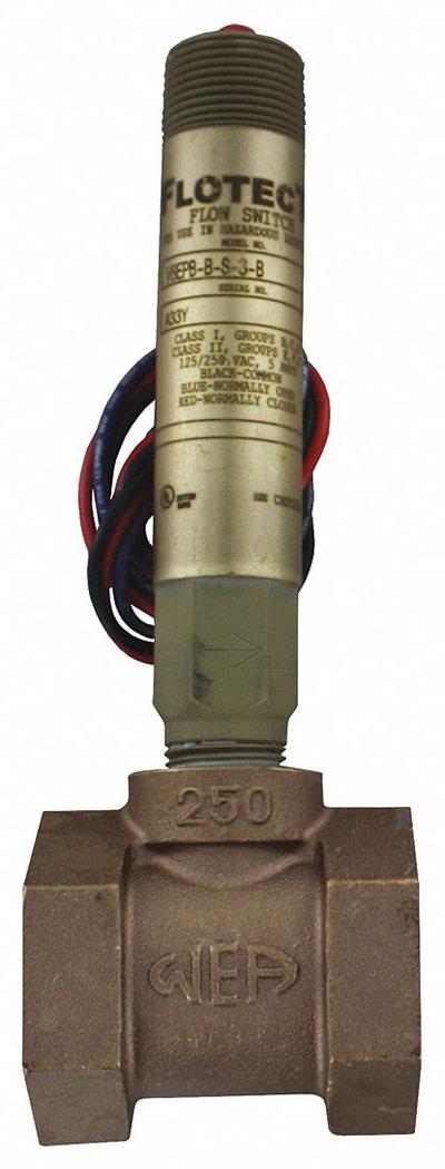 Dwyer Liquid Flow Switch: Paddle, 1/2 in/1/4 in/2 in/3/8 in For Pipe Size, Brass - Inline Hazardous-Location Switches for Liquids