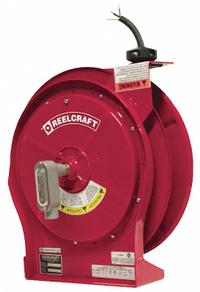 REELCRAFT Extension Cord Reel: Ratchet Lock, 50 ft Cord Lg, 12 AWG, SEOOW, Bare Wire Cord Lg, Red (MPN L 5550 124 X). Key specifications — Retractable Cord Ending NEMA Configuration: Bare Wire; Voltage: 600V AC; Brand: REELCRAFT.