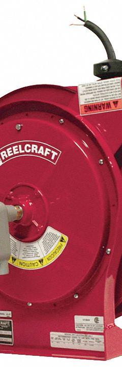 REELCRAFT Extension Cord Reel: Ratchet Lock, 50 ft Cord Lg, 12 AWG, SEOOW, Bare Wire Cord Lg, Red (MPN L 5550 124 X). Key specifications — Retractable Cord Ending NEMA Configuration: Bare Wire; Voltage: 600V AC; Brand: REELCRAFT.