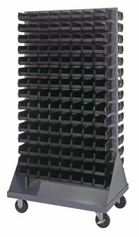 QUANTUM STORAGE SYSTEMS Mobile Louvered Floor Rack: 36 in x 24 in x 72 in, 240 Bins Included, Black (MPN QMD-36H-220BK). Key specifications — Bin Width: 4-1/8 in; Color: Gray; Caster Wheel/Configuration: (2) Swivel; Caster Wheel/Tread Material: Hard Rubber; Bin Color: Black; Bin Depth: 7-3/8 in; Bin Height: 3 in; Brand: QUANTUM STORAGE SYSTEMS.