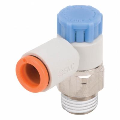SMC Speed Control Valve: Elbow Fitting, Knob, 1/4 in/1/8 in Valve Body Size - Elbow-Style Speed Control Valves