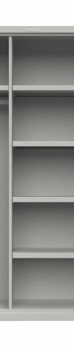 STRONG HOLD Storage Cabinet: 60 in x 24 in x 75 in, 4 Shelves, Swing Handle & Padlock Hasp, Adj (MPN 56-W-244-L). Key specifications — attr113700: Adjustable; attr113673: Legs; attr113674: Gray; attr113685: Assembled; attr113675: Shelves; attr66488: STRONG HOLD; attr113676: Hanging Rod and Shelves; attr143624: 4 Adjustable Shelves.
