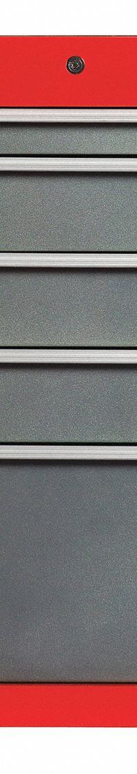 PROTO Side Cabinet: Gray, 5 Drawers, Keyed, 19 in W x 25 1/4 in D x 34 in H, Red / Gloss, 550S (MPN J551934-5SG-SC). Key specifications — Brand: PROTO; Drawer Color: Gray; Drawer Slide Type: Ball Bearing; Series: 550S; Locking System: Keyed.