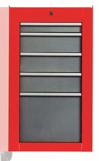 PROTO Side Cabinet: Gray, 5 Drawers, Keyed, 19 in W x 25 1/4 in D x 34 in H, Red / Gloss, 550S (MPN J551934-5SG-SC). Key specifications — Brand: PROTO; Drawer Color: Gray; Drawer Slide Type: Ball Bearing; Series: 550S; Locking System: Keyed.
