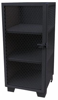 JAMCO Storage Cabinet: 24 in x 24 in x 66 in, 3 Fixed Shelves, Swing Handle & Padlock Hasp, Legs (MPN ME224SFBL). Key specifications — Brand: JAMCO; Body Panel Type: Ventilated; Base Type: Legs; Cabinet Color: Black; Frame Assembled: Assembled.