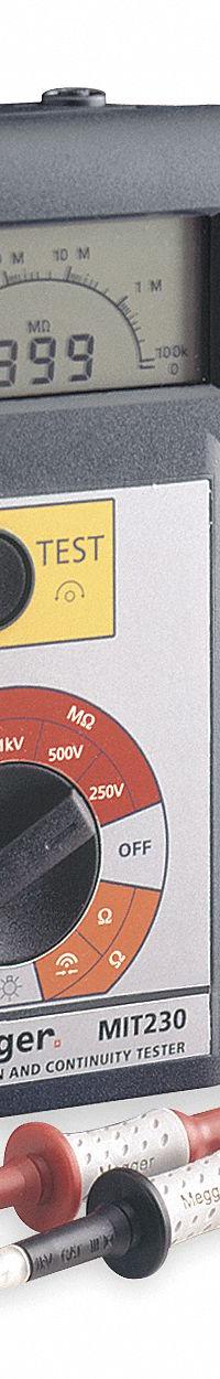 MEGGER Megohmmeter: 1 teraohm to 1 gigohm, CAT III 600V, IP40, Digital, No Output, 1 mA (MPN MIT230). Key specifications — IP Rating: IP40; Test Voltage: 250V DC; Brand: MEGGER.