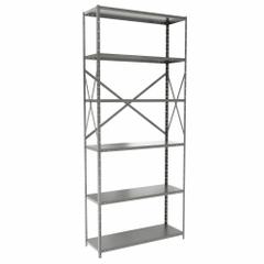 HALLOWELL Metal Shelving: Standalone, Medium-Duty, 48 in x 18 in, 84 in Overall Ht, 5 Shelves (MPN F4710-18HG). Key specifications — Frame Material: Steel; Shelving Material: Steel; Assembled: Unassembled; Color: Gray; Brand: HALLOWELL.