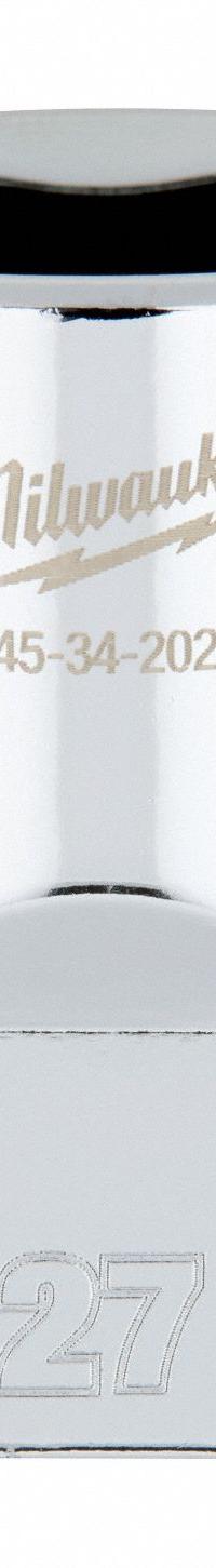 MILWAUKEE Socket Extension: Metric, 1/2 in Drive Size, 27 mm Socket Size, 6-Point, Std, Chrome (MPN 45-34-2027). Key specifications — attr1204417: MILWAUKEE; attr1204392: Chrome.