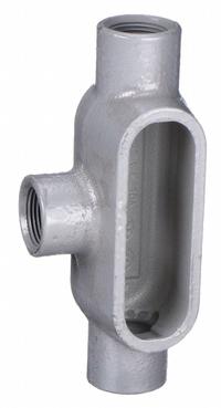 Conduit Outlet Body: Iron, 1 1/2 in Trade Size, T Body, 27 cu in Body Capacity, Threaded Hub (MPN T57). Key specifications — Finish: Powder Coated; For Use With: RMC; Brand: HUBBELL KILLARK; Hub Style: Threaded; Mfr. Series: Duraloy 7.