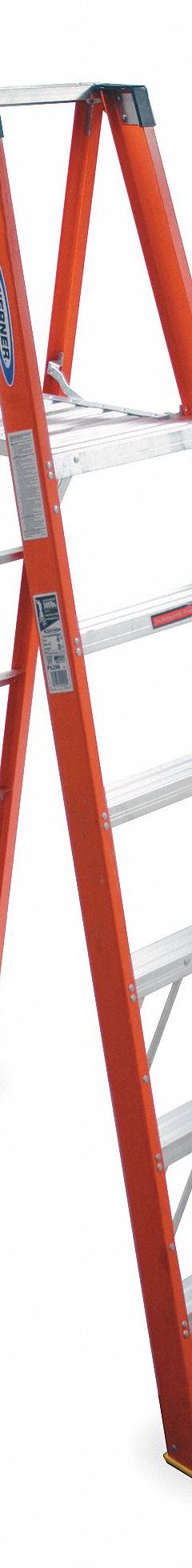 WERNER Platform Stepladder: 6 ft Ladder Size, Fiberglass, 300 lb Load Capacity, 32 lb Wt (MPN P6206). Key specifications — Brand: WERNER; Included Features: Guard Rail.