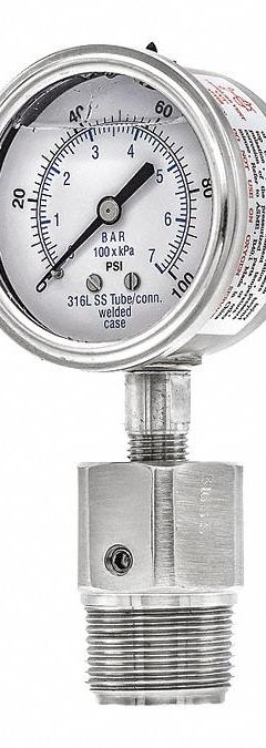 PIC GAUGES Pressure Gauge with Diaphragm Seal: 0 psi to 100 psi, 301L/5JJJ, 2 1/2 in Dial, Glycerin (MPN 301L254E/5JJJA00). Key specifications — Brand: PIC GAUGES; Gauge Case Liquid: None; Seal Fill Liquid: Glycerin; Seal Lower Housing Material: 316 Stainless Steel; Accuracy: ±2-1-2%; Gauge Wetted Parts: Stainless Steel.