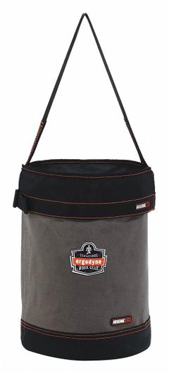 ERGODYNE Bucket Bag: 12 1/2 in W x 17 in H x 12 1/2 in L, Gray, Canvas, 0 Pockets, Buckle (MPN 5930T). Key specifications — attr1118525: ERGODYNE; attr1125037: Gray; attr1125041: Canvas; attr1203718: Yes.