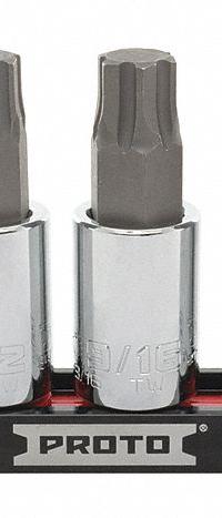 PROTO Socket Bit Set: 1 - 25 Pieces, 1/2 in Drive Size, 8 Pieces, 5/16 in to 3/4 in Tip Size Range (MPN J5441R8SAE). Key specifications — attr1216280: Fixed Insert; attr1216283: PROTO; attr1225718: 5/16 in to 3/4 in; attr1227491: 1/2 in.
