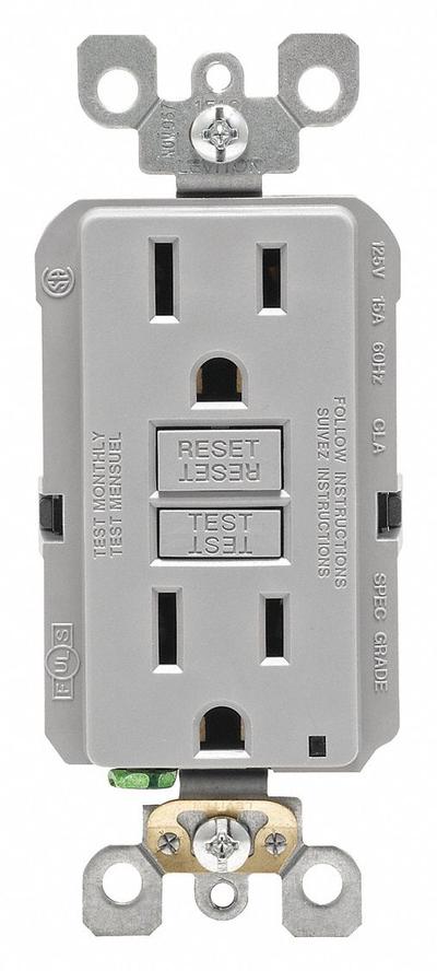 LEVITON GFI Receptacle: Decorator Duplex, 5-15, Gray, GFCI, 125V AC, 15 A - General Purpose Receptacles