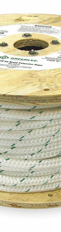 GREENLEE Cable Pulling Rope: 1/2 in Rope Dia., 300 ft Rope Lg., 10,000 lb Max, Polybraid (MPN 455). Key specifications — attr531818: GREENLEE; attr534204: Pulling Rope; attr534202: Polybraid.