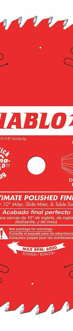 DIABLO Circular Saw Blade: 10 in Blade Dia., 90 Teeth, 0.09 in Cut Wd, 5/8 in Arbor Size, Finishing (MPN D1090X). Key specifications — attr1116119: DIABLO; attr1145631: Wood.