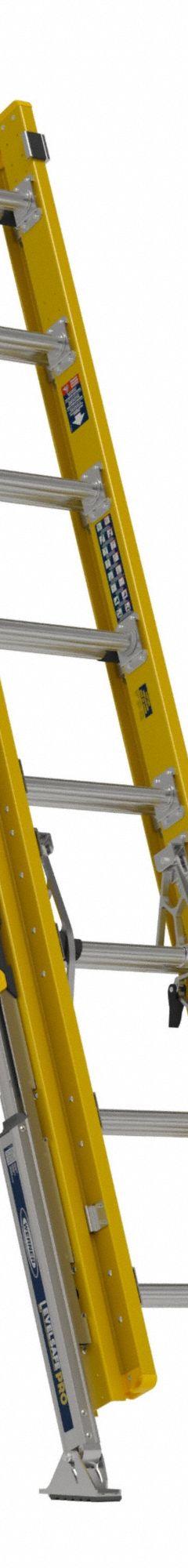 WERNER Extension Ladder: 16 ft Ladder Size, Fiberglass, 375 lb Load Capacity, 56 lb Wt, 2 Sections (MPN D7116-2L). Key specifications — Color: Yellow; Brand: WERNER; Included Features: Bubble Level; Removable Fly: Removable.