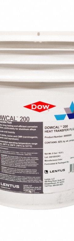 DOWCAL Heat Transfer Fluid: DOWCAL, Food Safe, 92% Concentration, Blue, 5 gal Pail, -50°F to 350°F (MPN 9995009). Key specifications — Brand: DOWCAL; Series: DOWCAL.