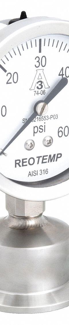 REOTEMP Pressure Gauge: 0 psi to 60 psi, 2 1/2 in Dial, 1 1/2 in Tri-Clamp, Bottom, ±2.00% Accuracy (MPN SG25ATC15P17). Key specifications — Brand: REOTEMP; Case Material: 304 Stainless Steel; Lens Material: Plastic; Pressure Gauge Type: Sanitary Pressure Gauge; Accuracy: ±2.00%; Includes Calibration Certificate: No; Series: SG; Vibration Resistance: Corrosion Resistant.