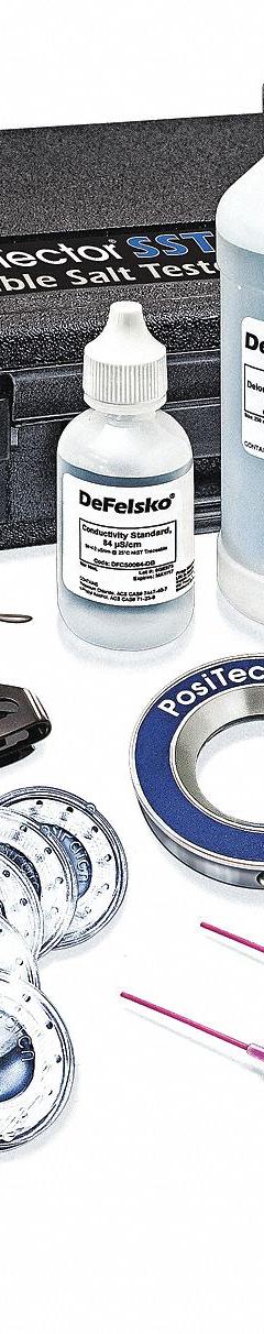 DEFELSKO Soluble Salt Tester Kit: 77°F Normalization Temp - Max, 1,000 Results Stored (MPN PosiTector SST Kit P1). Key specifications — Includes: (5) PosiPatchs; Brand: DEFELSKO; Soluble Salt Measurement - Maximum: 600.0 ug/sq cm.