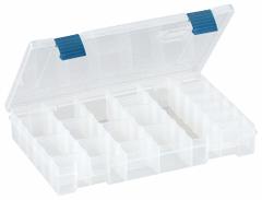 PLANO MOLDING Compartment Box: 11 in x 7 1/4 in x 1 3/4 in, Clear, 21 Compartments, 15 Adj Dividers (MPN 2-3600-01). Key specifications — ESD Conductive: Not Electrostatic Discharge Conductive; Color: Clear; Brand: PLANO MOLDING; Material: Plastic.