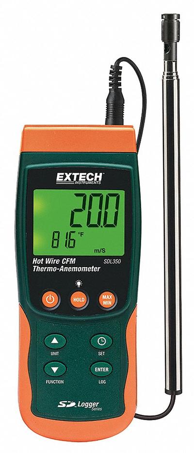 EXTECH Anemometer: 1 fpm Air Velocity Resolution, CFM, Hot Wire, Air Flow/Air Velocity/Temp - Hot Wire Air Velocity Meters
