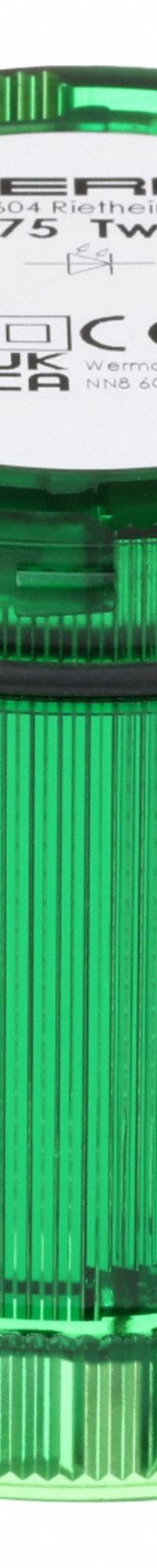 WERMA Tower Light Module: Flashing/Steady, 24V AC/24V DC, Green, 70 mm Overall Dia, 66 mm Overall Ht (MPN 64721075). Key specifications — Brand: WERMA; Compatible with Series: KombiSIGN 72; Lens Color: Green; Operating Voltage: 24V DC; Manufacturer Part Number: 64721075.