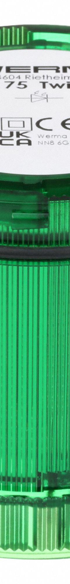 WERMA Tower Light Module: Flashing/Steady, 24V AC/24V DC, Green, 70 mm Overall Dia, 66 mm Overall Ht (MPN 64721075). Key specifications — Brand: WERMA; Compatible with Series: KombiSIGN 72; Lens Color: Green; Operating Voltage: 24V DC; Manufacturer Part Number: 64721075.