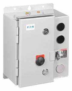 EATON NEMA Magnetic Motor Starter: Non-Reversing, 3 Poles, NEMA Size 00, 9 A, 240V AC Coil (MPN ECN05A8BAA-R63/BL30). Key specifications — attr211388: EATON; attr951451: 1NO/1NC; attr951453: 220/240V AC; attr951489: Three; attr984425: 1NO/1NC; attr984429: Pilot Light; attr997361: None (Not Applicable to Electronic Overloads).
