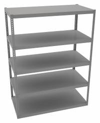 TENNSCO Boltless Shelving: Standalone, Extra-Heavy-Duty, 72 in x 36 in, 96 in Overall Ht, 5 Shelves (MPN RXHS-723696). Key specifications — Finish: Powder Coated; Maximum Post Load Capacity: 13,000 lb with Beam Evenly Spaced at 24 in; Decking Material: Steel; Color: Medium Gray; Beam Profile: Channel; Brand: TENNSCO; Side Panel: Open.