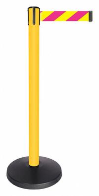 QUEUEWAY Barrier Post with Belt: Magenta/Yellow, Chevron, No Legend, 10 ft Belt Lg, Yellow (MPN QPLUS-35-D5). Key specifications — Base Material: ABS; Belt Color: Magenta/Yellow; Brand: QUEUEWAY; Post Material: Metal Alloy; Post Color: Yellow; Message: No Legend.