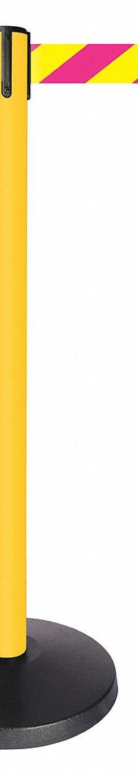 QUEUEWAY Barrier Post with Belt: Magenta/Yellow, Chevron, No Legend, 10 ft Belt Lg, Yellow (MPN QPLUS-35-D5). Key specifications — Base Material: ABS; Belt Color: Magenta/Yellow; Brand: QUEUEWAY; Post Material: Metal Alloy; Post Color: Yellow; Message: No Legend.