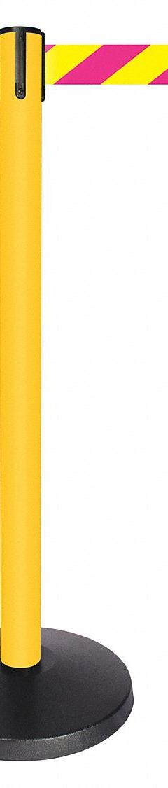 QUEUEWAY Barrier Post with Belt: Magenta/Yellow, Chevron, No Legend, 10 ft Belt Lg, Yellow (MPN QPLUS-35-D5). Key specifications — Base Material: ABS; Belt Color: Magenta/Yellow; Brand: QUEUEWAY; Post Material: Metal Alloy; Post Color: Yellow; Message: No Legend.