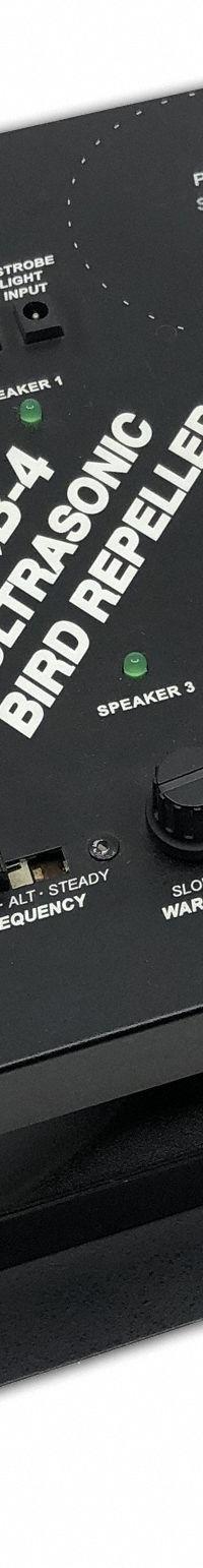 BIRD-X Electronic Bird Repeller: 6,500 sq ft Coverage Area, Girder/I-Beam, Electric, 6 ft Cord Lg (MPN QB4). Key specifications — Manufacturer Part Number: QB4; Brand: BIRD-X; Mounting Type: I-Beam; Power Source: Electric; Targeted Animals: Blackbirds; Voltage: 110 V AC.