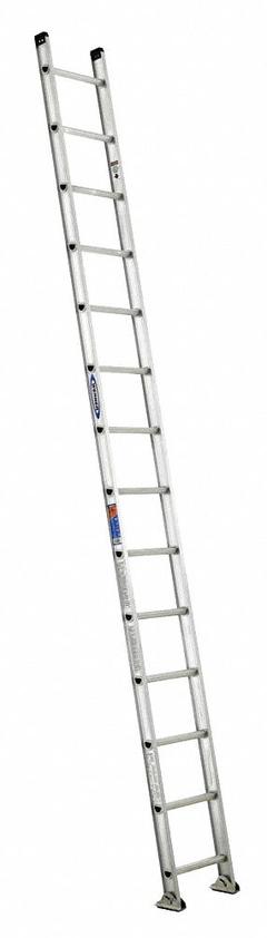 WERNER Straight Ladder: 14 ft Ladder Size, Aluminum, 300 lb Load Capacity, 27 lb Wt, 14 Rungs (MPN D1514-1). Key specifications — Color: Silver; Brand: WERNER; Included Features: Mar-Resistant End Caps; Shoe Type: Slip-Resistant.
