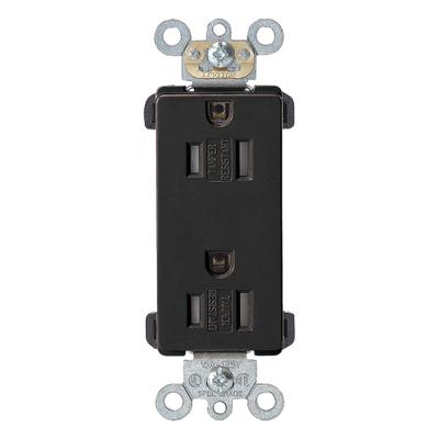 LEVITON Receptacle: Decorator Duplex, 5-15, Black, 125V AC, 15 A, 2 Pole / 3 Wire (MPN TDR15-E) - General Purpose Receptacles