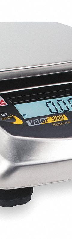 OHAUS Food Scale: 5 3/4 in Weighing Surface Dp, 6 1/4 in Weighing Surface Wd, 3 in Overall Ht, LCD (MPN V31X3). Key specifications — Readability: 0.002 lb/0.5 g; Brand: OHAUS; IP Rating: Not IP Rated.