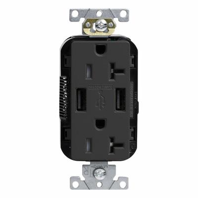 LEVITON Receptacle: Duplex, 5-20R, Black, 125V AC - Weather-Resistant Receptacles with USB Chargers