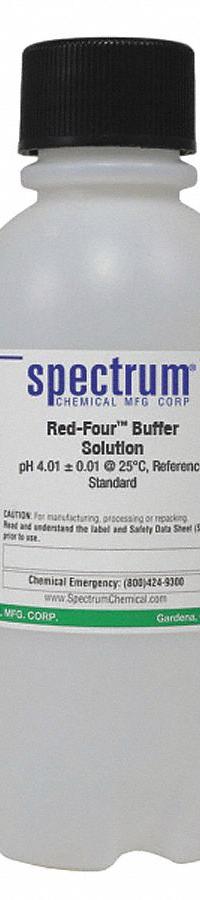 SPECTRUM Buffer - Red-Four: Lab, 500 mL Volume, Liquid, pH 4.01 +/- 0.01 @ 25°C, Plastic, Bottle, 1 (MPN B1163-500MLPL). Key specifications — Brand: SPECTRUM; CAS Number: 915-67-3; Chemical Family Type: Buffer; Chemical Grade: Lab; Concentration: pH 4.01 +/- 0.01 @ 25°C; Container Material: Plastic; Container Type: Bottle; Form: Liquid.