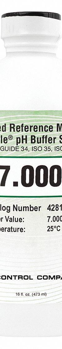 TRACEABLE Buffer - pH 7.000: ACS, 16 oz Volume, Liquid, 7.000 pH, Plastic, Bottle, Solution, 4281, 1. Key specifications — Brand: TRACEABLE; CAS Number: 7732-18-5; Chemical Family Type: Solution; Chemical Grade: ACS; Concentration: 7.000 pH; Container Material: Plastic; Container Type: Bottle; Form: Liquid.