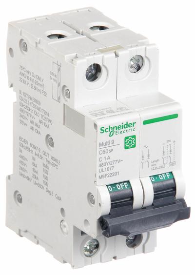 SCHNEIDER Supplementary Protector: 1 A Amps, 14kA at 240V AC, Screw Clamp, C60SP - C-Curve, 2-Pole UL1077 DIN Rail-Mount Supplementary Protectors