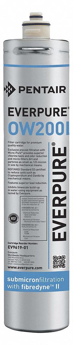 PENTAIR/EVERPURE Quick-Connect Water Filter: 0.5 micron, 0.5 gpm, 480 gal, 17 in Overall Ht (MPN EV961906-75). Key specifications — Filter Media: Carbon; Reduces: Chlorine Taste; Brand: PENTAIR/EVERPURE.