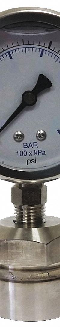 KODIAK Pressure Gauge with Diaphragm Seal: 0 psi to 200 psi, KC301/DSM35, 2 1/2 in Dial, Mineral Oil (MPN KC301L25200/DSM3511). Key specifications — Brand: KODIAK; Gauge Case Liquid: Glycerin; Seal Fill Liquid: Mineral Oil; Gauge Case Material: 304 Stainless Steel; Seal Lower Housing Material: 316 Stainless Steel; Accuracy: ±1.60%; Gauge Wetted Parts: Stainless Steel.