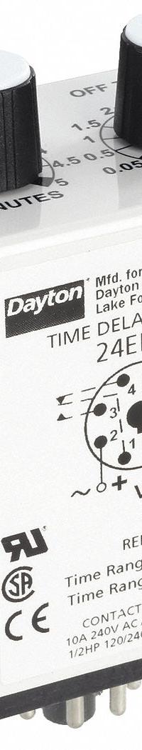 DAYTON Single Function Time Delay Relay: Socket Mounted, 120V AC/DC, 10 A, 8 Pins/Terminals (MPN 24EP37). Key specifications — Brand: DAYTON.