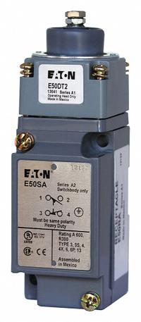 EATON Plunger Limit Switch: Plunger Actuator, Momentary/Momentary, Metallic, 8 ozf Op Force - Min (MPN E50BS26P). Key specifications — Manufacturer Part Number: E50BS26P; Brand: EATON; Electrical Connection: 8 ft Cable; Action: Momentary/Momentary; Series: E50; Body Material Type: Metallic; Actuator Type: Plunger.