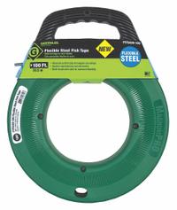 GREENLEE Fish Tape: 100 ft Lg, Manual Wind Tape Retraction, Round Tape Shape, 13 in Case Dia (MPN FTFS439-100). Key specifications — attr306613: FTFS439-100; attr306630: Winder Slide; attr306631: Winder Slide; attr306616: GREENLEE; attr542118: Manual Wind; attr544274: 13 in.